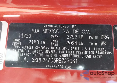 2024 Kia Forte Lxs z USA, uszkodzony, nr VIN 3KPF24AD5RE727961